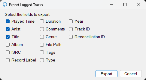 Export Logged Tracks window