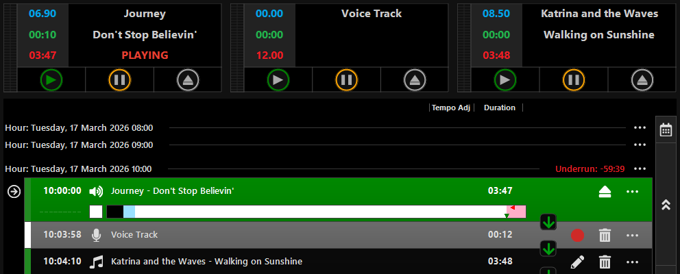 PlayIt Live with a recorded voice track in the playout log