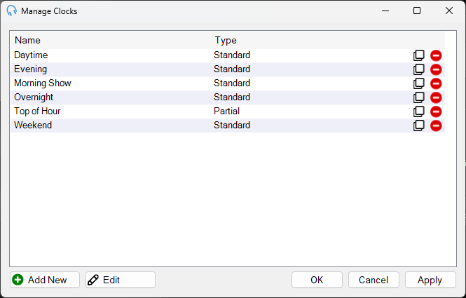 Manage Clocks window