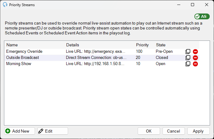 Manage Priority Streams window