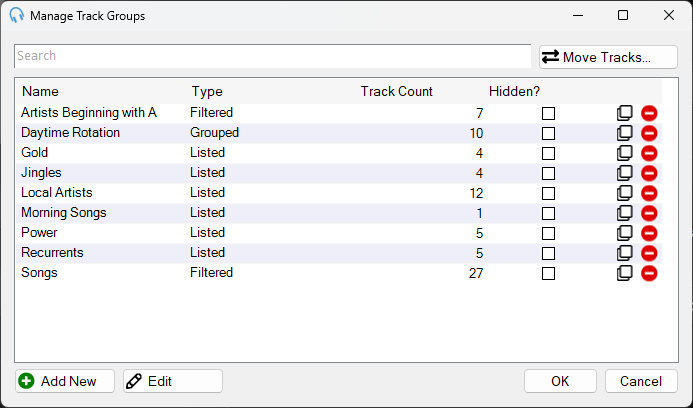 PlayIt Live Manage Track Groups window