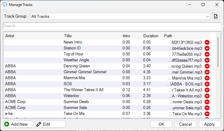 PlayIt Live Manage Tracks window