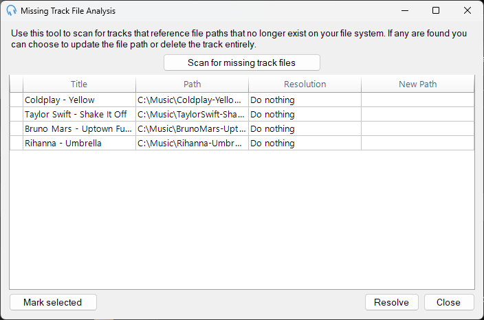 Missing Track File Analysis window