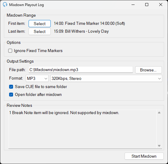 Mixdown Playout Log window