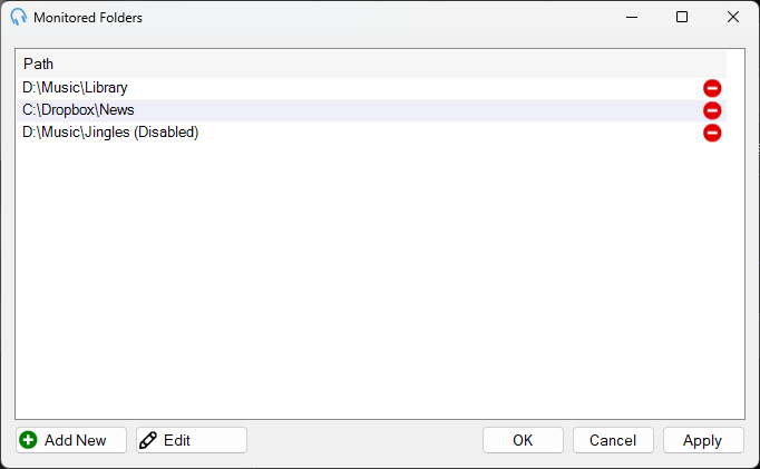 Manage Monitored Folders window