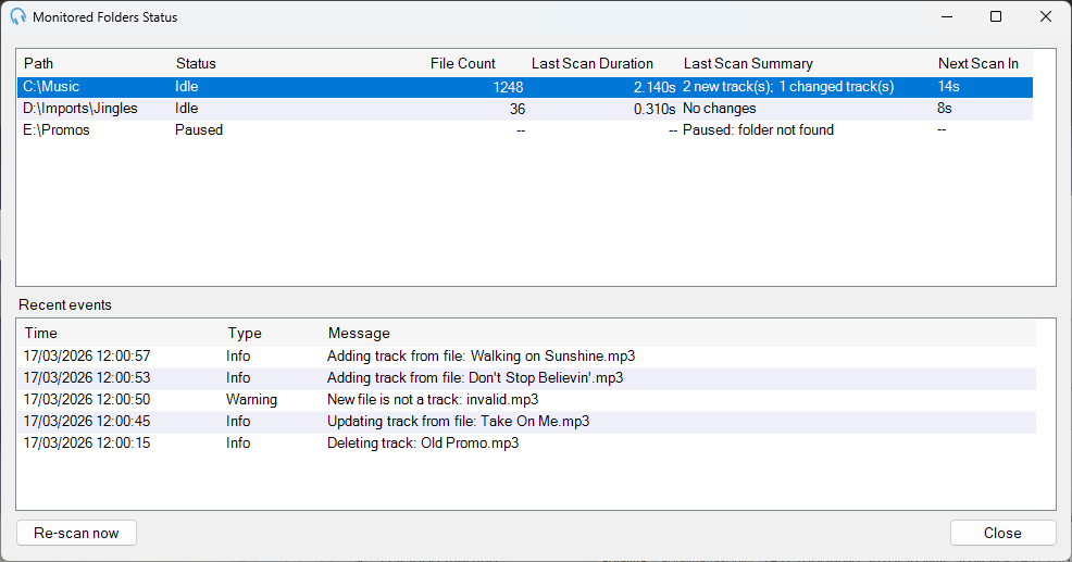 The Monitored Folders Status window showing a list of monitored folders above a log of recent monitoring events