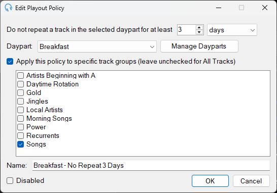 Edit Daypart Separation Playout Policy window