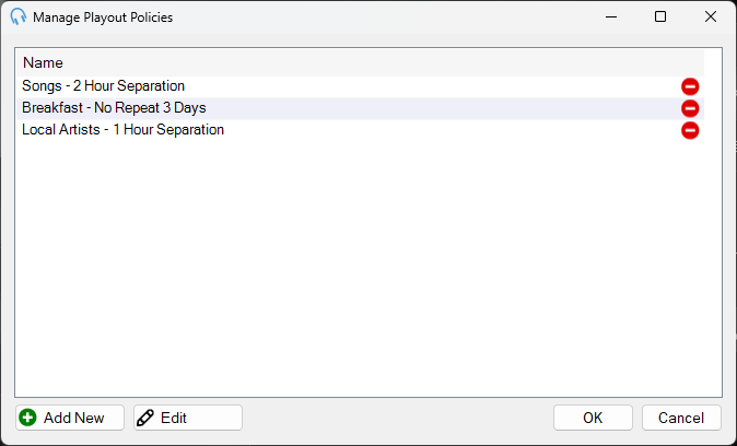 Manage Playout Policies window