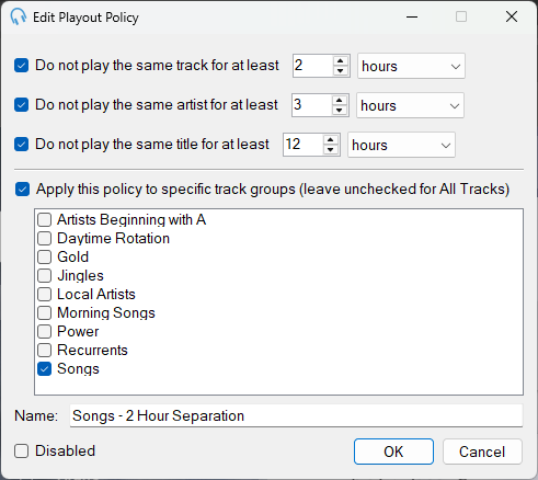 Edit Track / Artist / Title Separation Playout Policy window