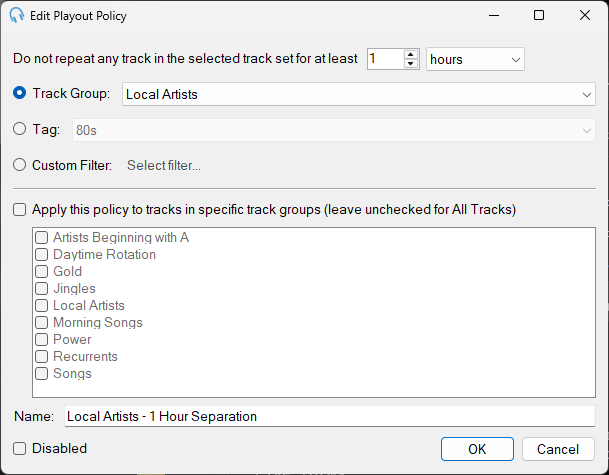 Edit Track Set Separation Playout Policy window