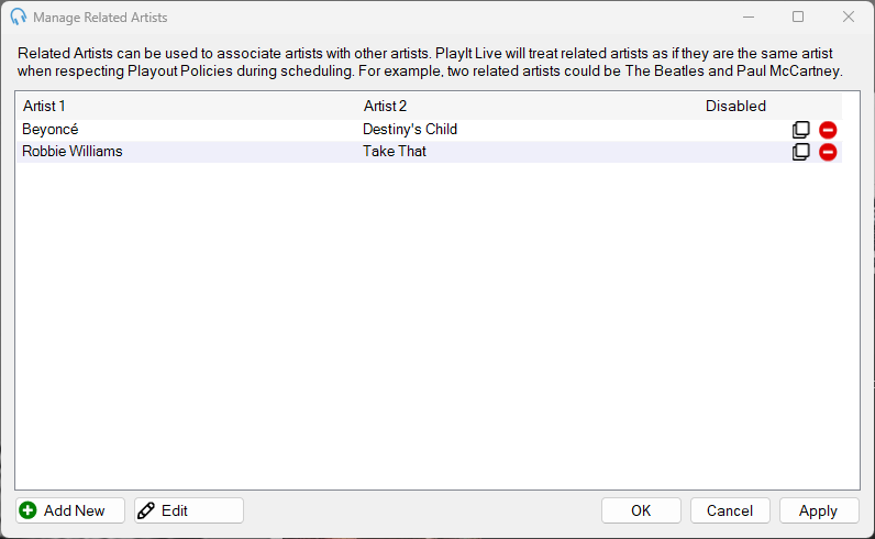 Related Artists list window