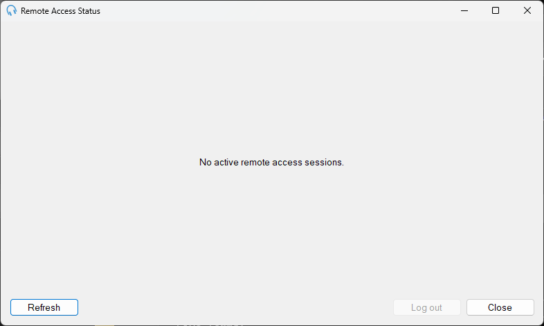 The Remote Access Status window with no active sessions, showing a message in place of the list