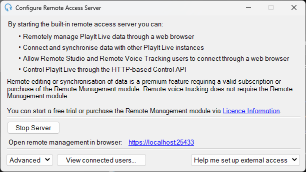 Built-in Remote Access Server configuration window