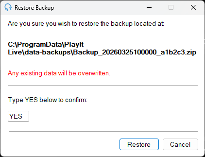 Restore Backup window