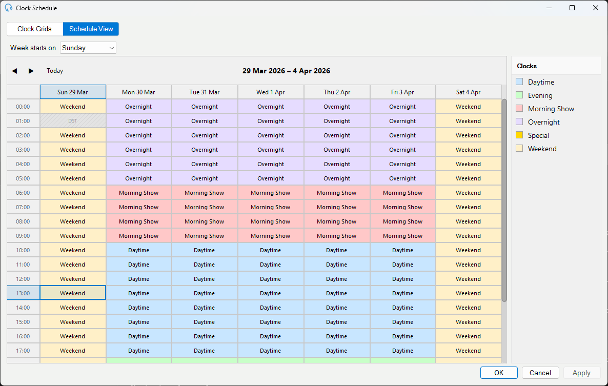 The Schedule View on a spring-forward day showing the missing 01:00 hour