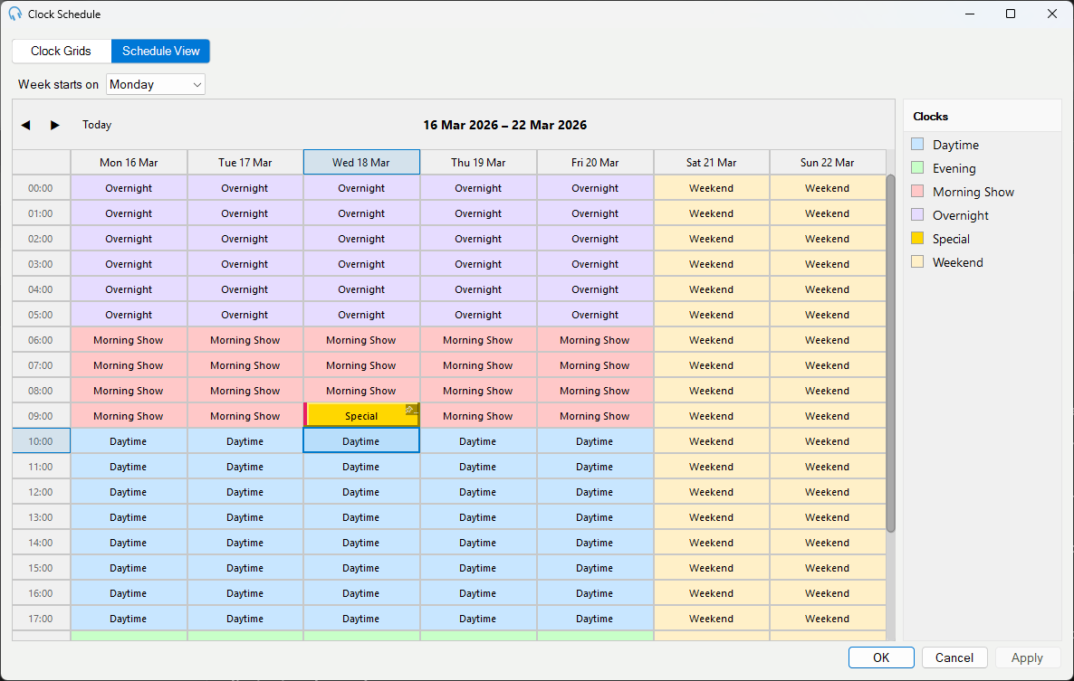 The Schedule View showing a resolved week with a one-off override