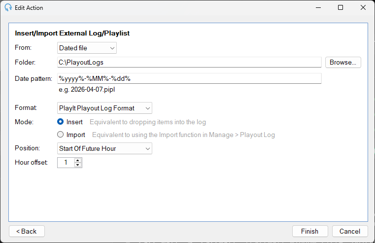 Insert External Log/Playlist Action