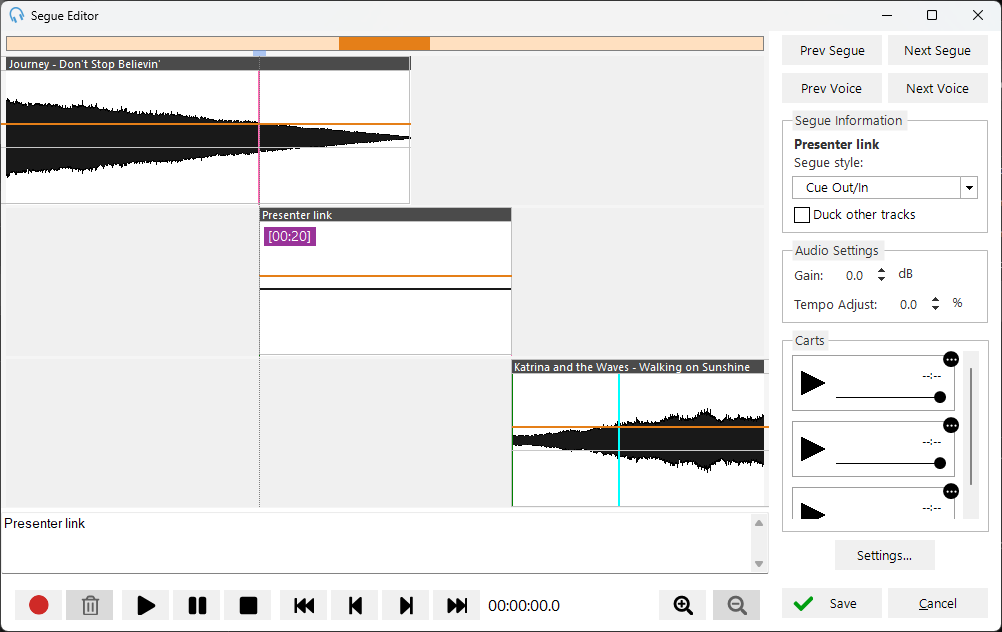 Segue Editor with voice track placeholder ready to record