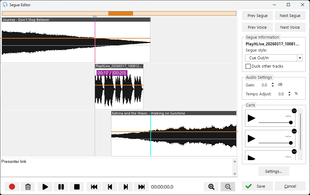 Segue Editor with a recorded voice track, trimmed