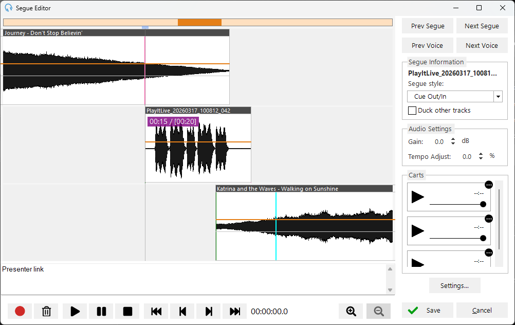 Segue Editor with a recorded voice track, untrimmed