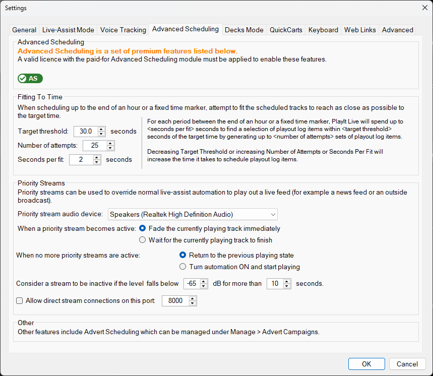 PlayIt Live Settings - Advanced Scheduling tab