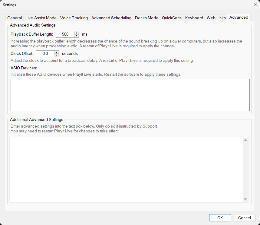 PlayIt Live Settings - Advanced tab