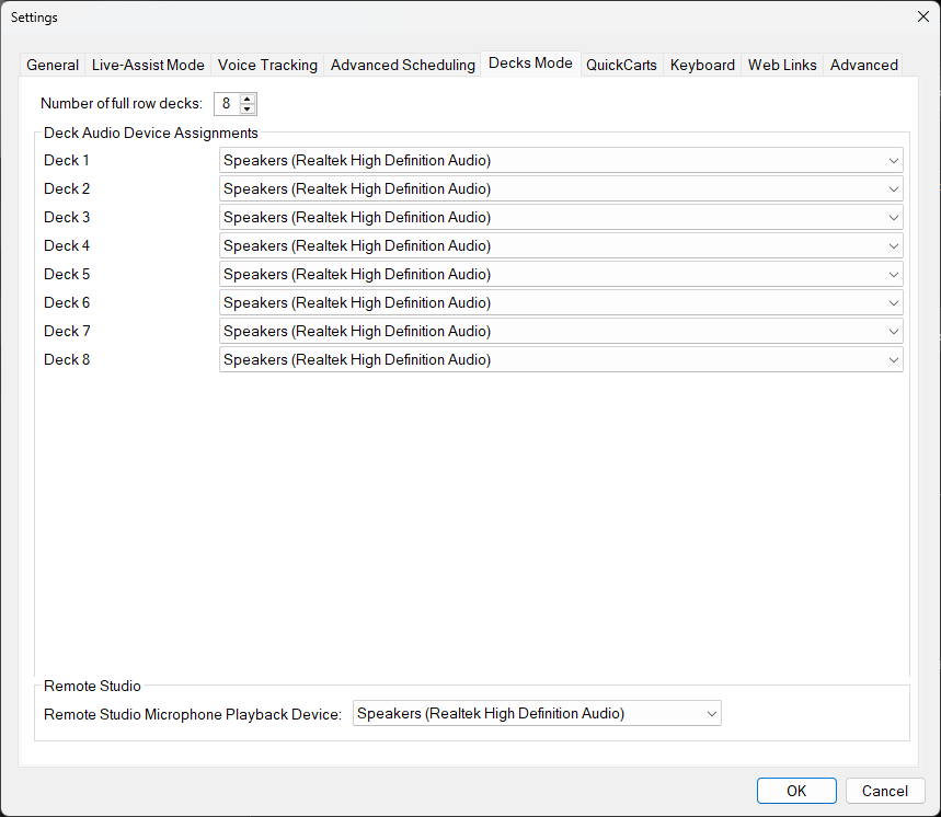 PlayIt Live Settings - Decks Mode tab