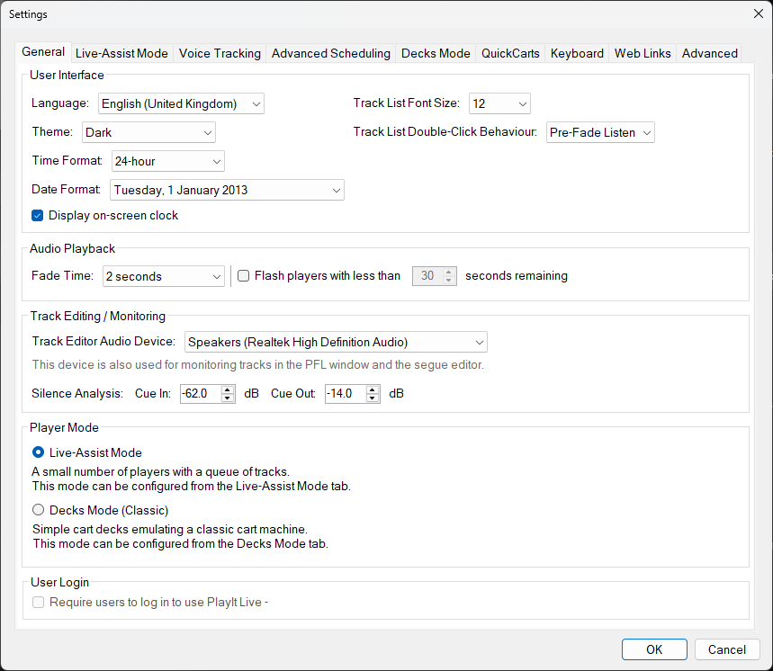 PlayIt Live Settings - General tab