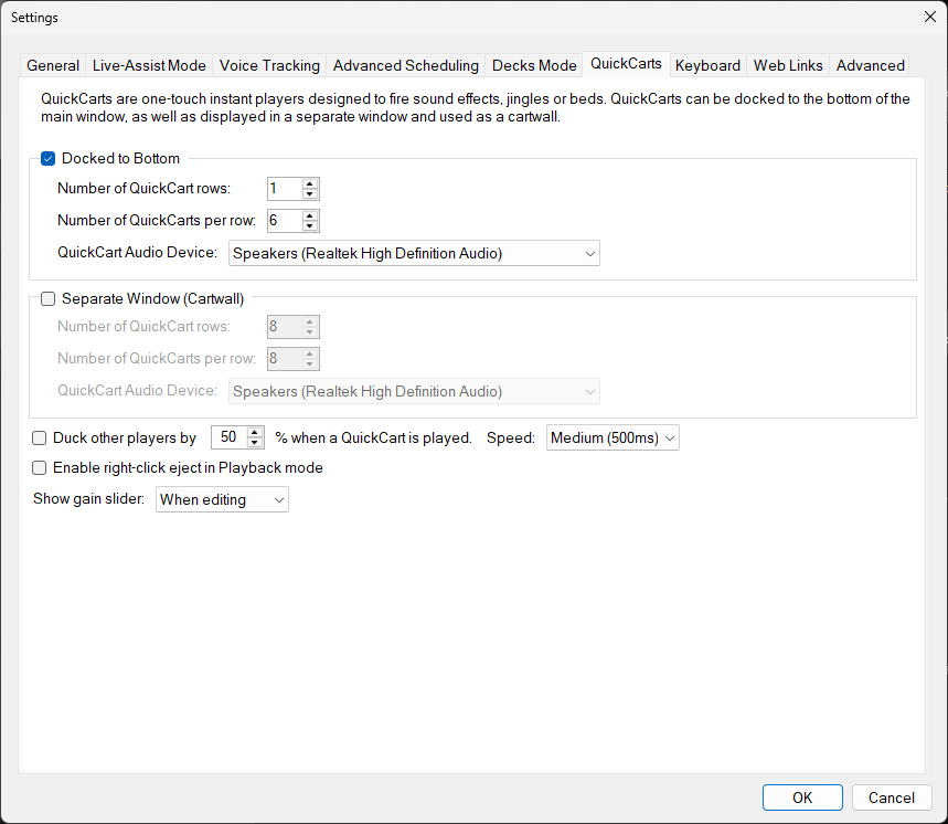 PlayIt Live Settings - QuickCarts tab