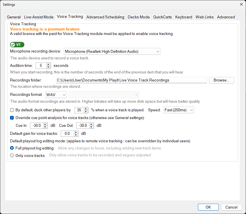 PlayIt Live Settings - Voice Tracking tab