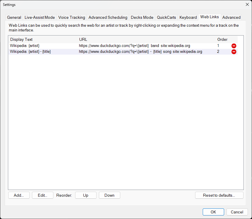PlayIt Live Settings - Web Links tab