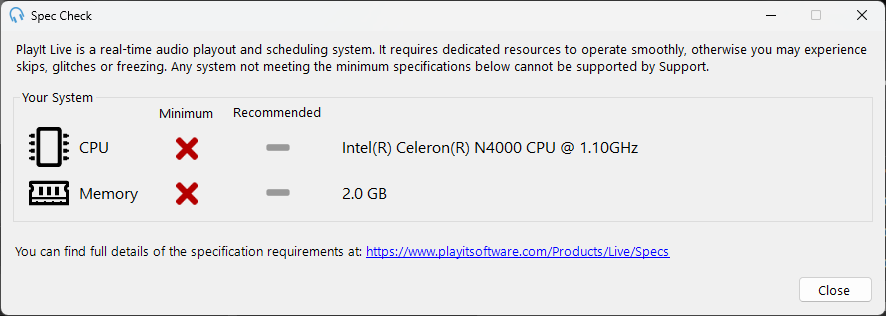 Spec Check window showing requirements not met