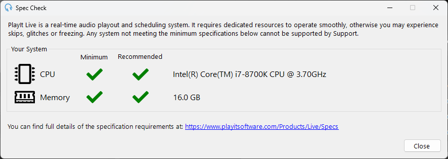 Spec Check window showing all requirements met