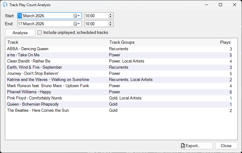 Track Play Count Analysis window