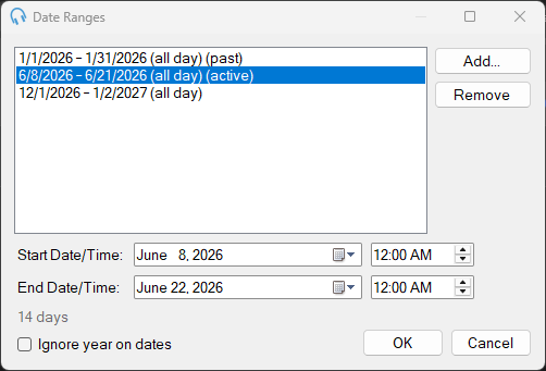 The Date Ranges window showing a list of active, upcoming, and past ranges