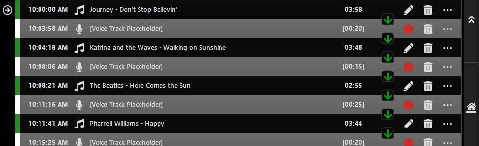 Playout log with voice track placeholders