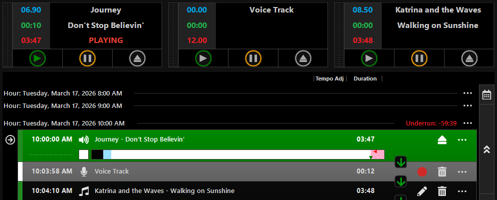 PlayIt Live with a recorded voice track in the playout log