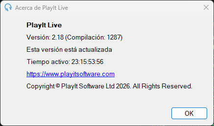 Ventana Acerca de PlayIt Live