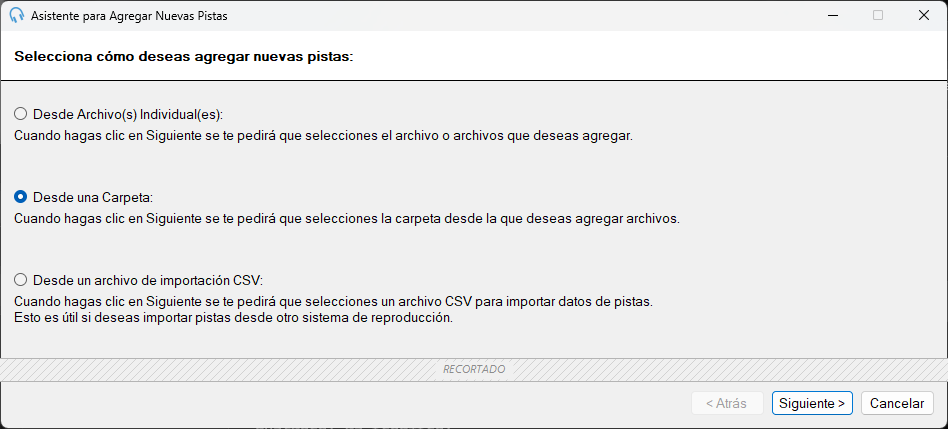Página de selección de origen del Asistente para agregar nuevas pistas de PlayIt Live