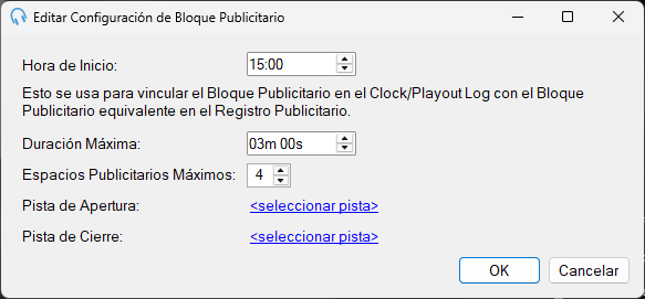 Ventana Editar Configuración de Bloque Publicitario