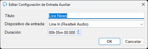 Ventana Editar Configuración de Entrada Auxiliar