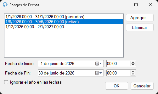 La ventana Rangos de Fechas mostrando una lista de rangos activos, próximos y pasados
