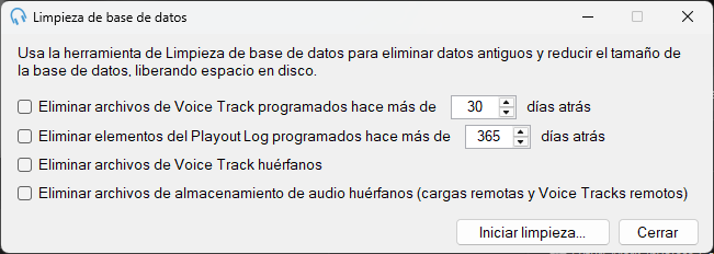 Ventana Limpieza de base de datos