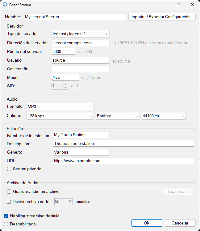 Ventana Editar Stream de Internet Broadcast