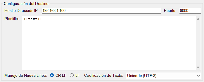 Configuración del destino TCP/IP