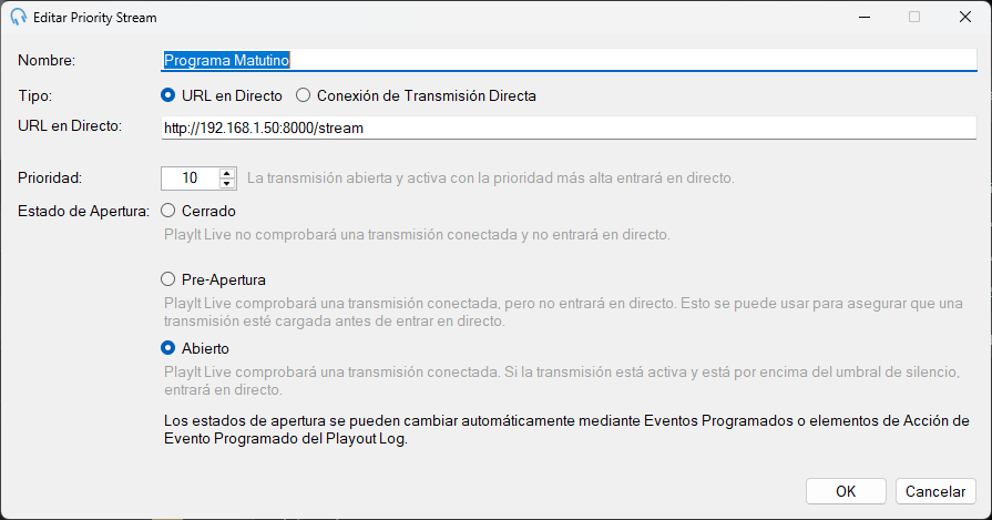 Ventana Editar Priority Stream