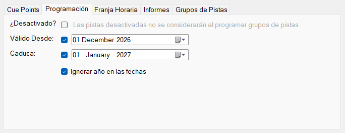 Pestaña Programación de la ventana Editar Pista