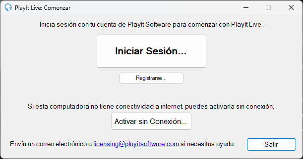 Ventana Comenzar de PlayIt Live