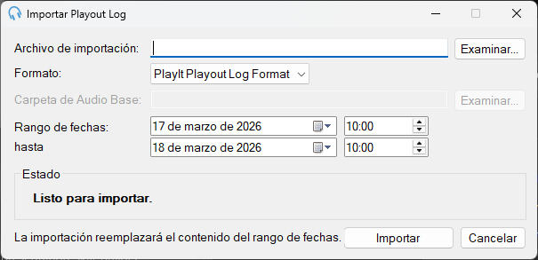 Ventana Importar Playout Log