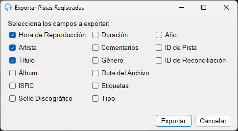 Ventana Exportar pistas registradas